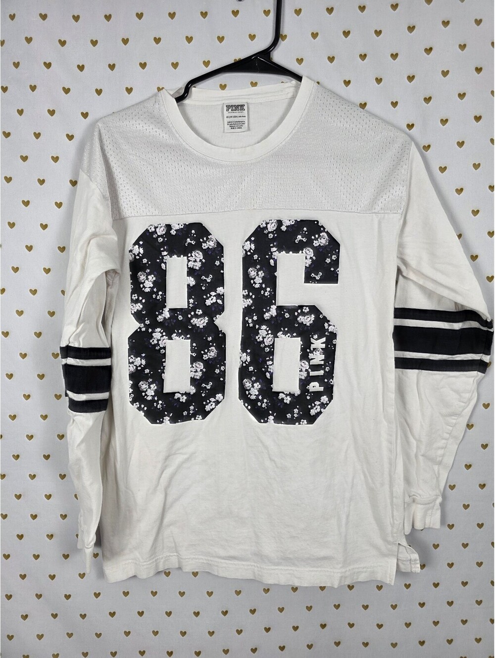Victorias Secret PINK Floral 86 Jersey Tee Shirt White Long Sleeve XS Oversized